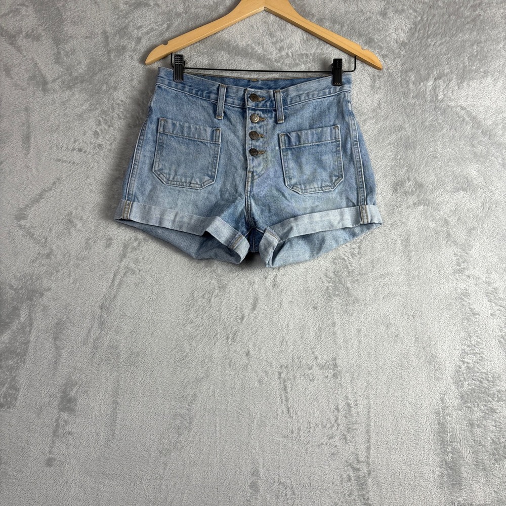 Levi's Denim Shorts Orange Tab High Rise Patch Pocket 27 Light Wash Button Fly